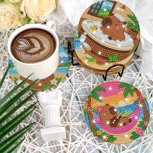 CRASHOT Capybara Diamond Art Painting Coasters Kit with Holder, 8 Pcs - Image 6