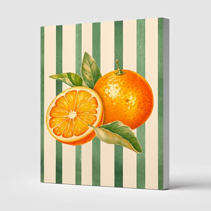Orange Citrus Watercolor Wall Art – Fresh Fruit Botanical Print – Modern Kitchen Decor with Green Stripes – Summer Fruit Illustration Canvas Poster 16x20inch-Framed