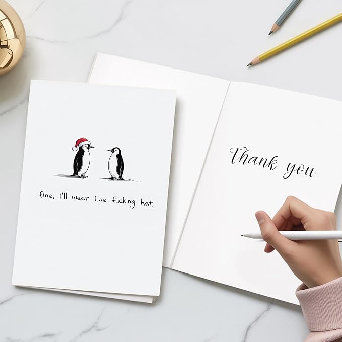 (5.3x8in) Fine I’ll Wear the Hat Funny Penguin Christmas Card with Envelope, Hilarious Adult Holiday Greeting with Swearing Humor, Sarcastic Xmas Card for Friends, Coworkers, Couples (Xmas 36)