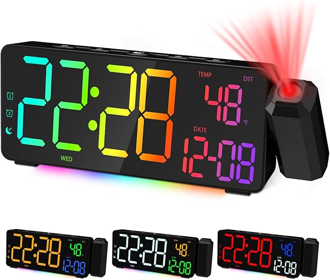 Projection Alarm Clocks, RGB Desk Clock with 180° Rotatable Projector 15 Color Display, Date Temperature and Weekday, DST, Snooze, Ambient Lighting for Living Room,Bedroom Bedside Office Decor