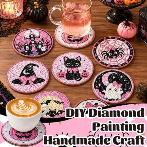8 Pcs Halloween Diamond Art Coasters Cute Pink Gothic Cat Diamond Art Painting Coasters with Holder DIY Crafts Kits for Halloween Party Decor Gift - Image 5