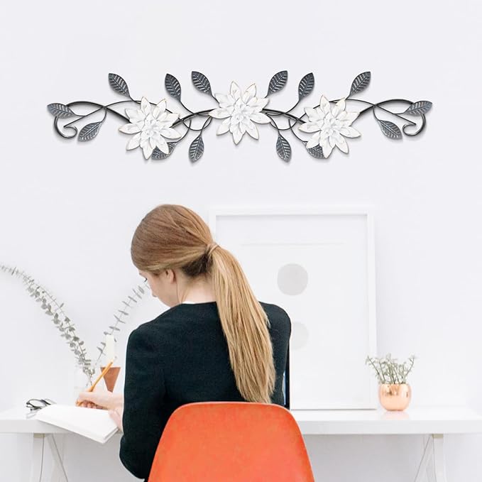 KHJCXS Metal Wall Art Modern Minimalist Metal Flowers Indoor Decor Horizontal Wall Art Iron Artwork,for Over Door,Bedroom,Living Room,Kitchen,Office Scroll Decor (White2)