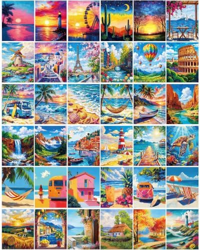 Sherr 36 Pcs Pre Drawn Canvas Painting Kits for Adults Cute Printed to Paint Set 8" x 10" Stretched Panels Natural Scenery Theme Painting for DIY Art Sunmmer Date Night Party Favor by Sherr