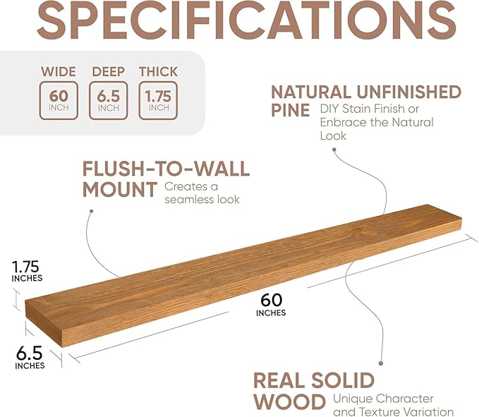 Homeforia 60 inch Golden Oak Floating Shelf, High End Solid Real Wood 60inch Small Floating Shelves for Wall Mounted, Oak Wooden 60in Floating Shelves, Heavy Duty Bracket, 60 X 6.5 X 1.75 in, Set of 3