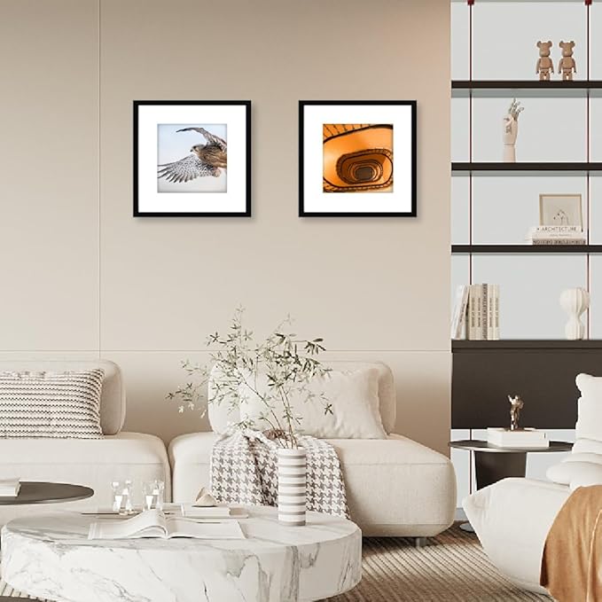 Memory Island 12x12 with 8x8 Photo Frames for Wall and Tabletop Display, 12 by 12 Black Picture Frames with HD Plexiglass, Set of 15