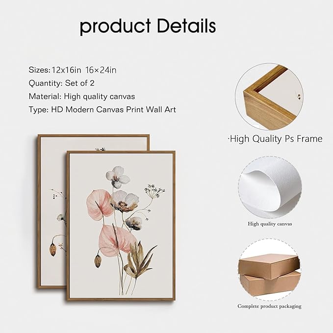 YOYIAXT 2 Pieces Watercolor Botanical Canvas Wall Art For Bedroom Pink Blush Floral Framed Wall Art Minimalist Neutral Flower Art Prints Artwork For Living Room Office, 12x16 in