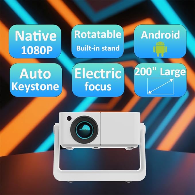 Mini Projector with WiFi and Bluetooth【Auto Keystone&Electric Focus&Rotatable】Built-in Stand Projector Android Projector Suitable for Home/Parties/Office Use