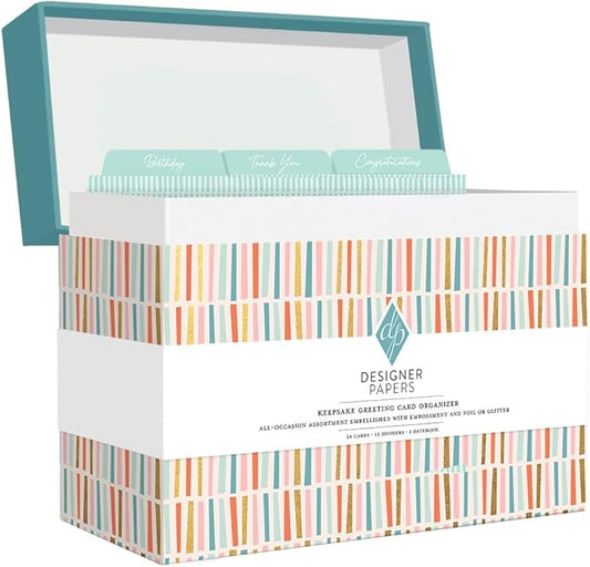 Designer Papers All-Occasion Greeting Card Boxed Assortment (24 Cards with Envelopes) Multicolor Striped Organizer Box – Birthday, Thank You, Get Well, Sympathy, Wedding, New Baby and Congratulations