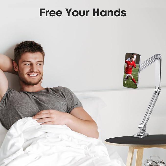 Magnetic Gooseneck Phone Holder for Bed & Desk, Adjustable Arm with Strong Suction Base, Compatible with iPhone 12-15/Magsafe & Android (Includes Metal Ring)