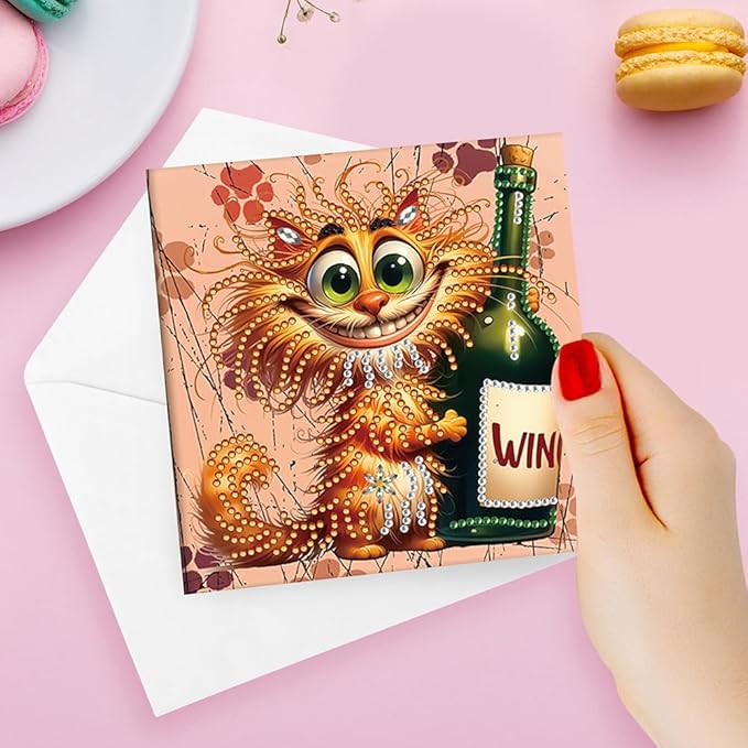C'eitura 6Pcs DIY Diamond Art Greeting Cards, Fun Cat with Wine Bottle Design Blank All Occasion Cards with Envelopes, Unique Birthday Thank You Note for Cat Lovers, Wine Enthusiasts & Party Friends