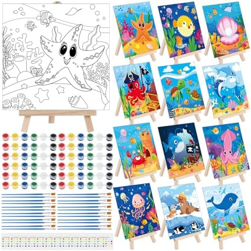 Tenceur 12 Sets Pre Drawn Canvas to Paint Adult Stretched Coloring Painting Canvas Panels with Design Easel and Brushes for Party Supplies Beginner Favor(Sea Animal) by Tenceur