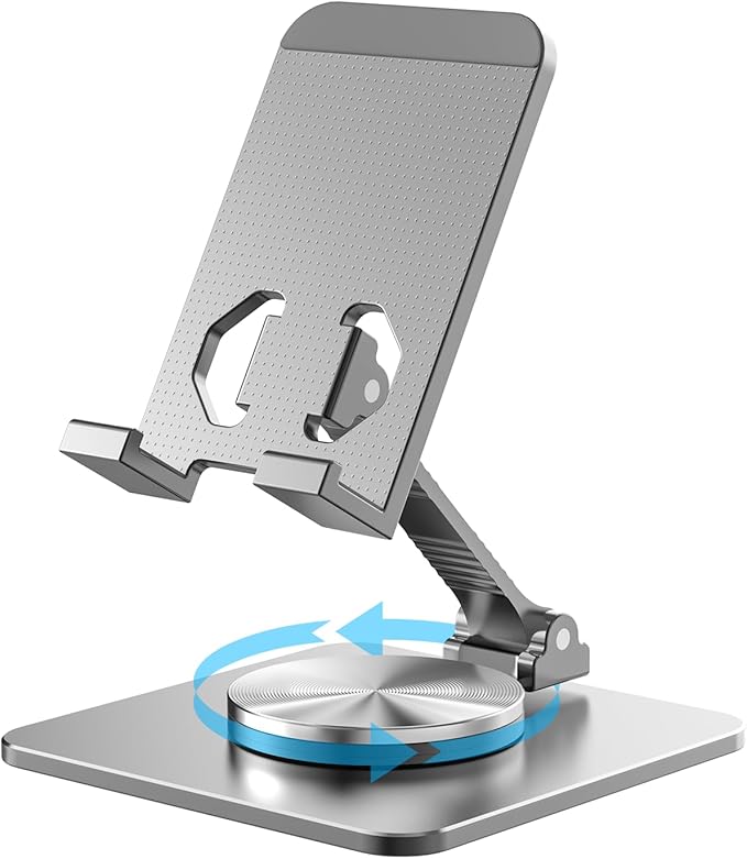 Cell Phone & Tablet Stand for Desk, Aluminum Adjustable Holder for iPhone, iPad & Smartphones || Foldable Mount with 360° Swivel, Stable Base & Portable Design for 4–9.7in Devices, Grey