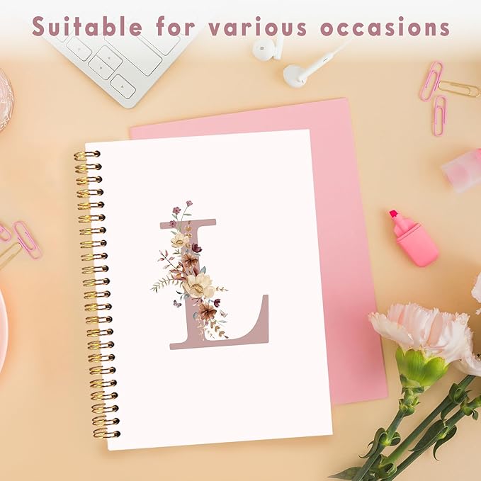 Lacama Pink Initial Letter L Notebook Journal, Trendy Wildflower Personalized Spiral Notebook, Customized Monogrammed Gifts, Birthday Gifts for Women, School Supplies, Office Supplie 5.5x8.3