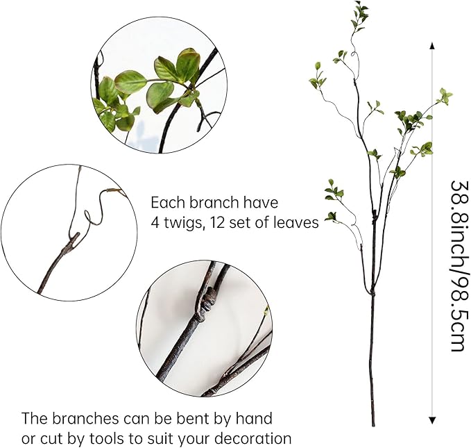 3Pcs 38.8" Faux Greenery Plant Stems and Branches for Tall Vase,Artificial Tree Branches and Twigs for Decoration (Green Leaves & Brown Stem)