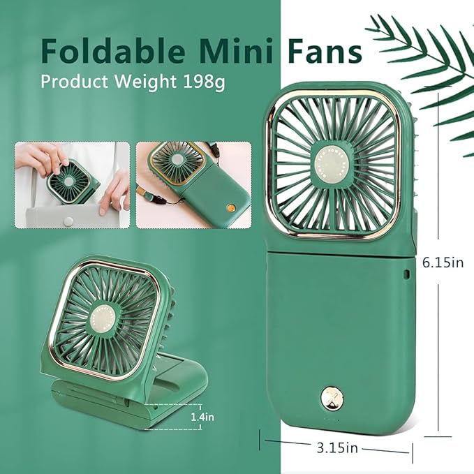 Portable Mini Fan - 5 in 1 with Phone Holder, Desk Fan, USB Rechargeable, 3000 mAh Power Bank, 3 Speed Adjustable, Neck Lanyard, Green
