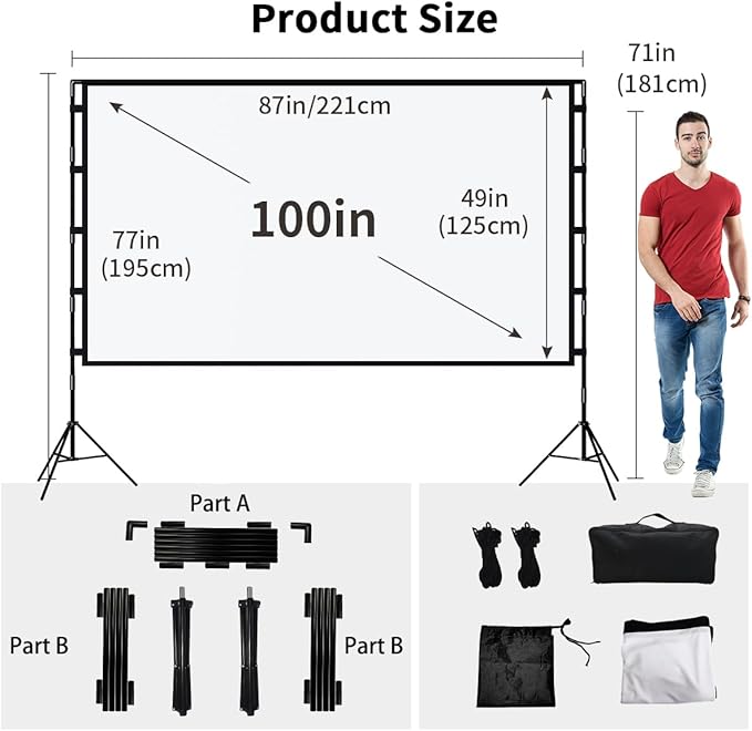 TOWOND Projector Screen with Stand, 100 inch Outdoor Projector Screen Portable Indoor Projection Screen 16:9 4K Rear Front Movie Screen with Carry Bag for Home Backyard Theater