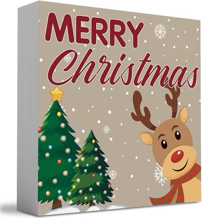 Reindeer Merry Christmas Sign Christmas Decorations for Home Office Desk Table Shelf 5 x 5 inch