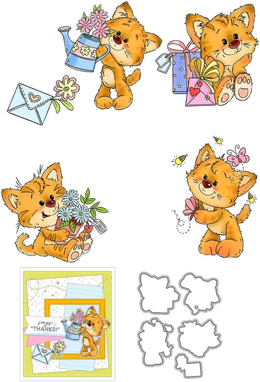 Orange Cat Flower Gift Stamps and Cutting Dies for Card Making DIY Transparent Silicone Clear Stamp and Metal Die Cuts Sets for Scrapbooking Paper Greeting Cards Decor Seals Craft Supplies