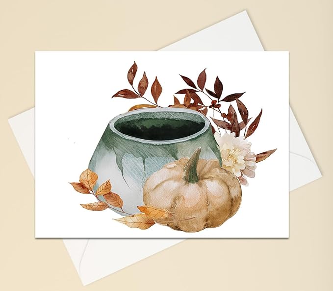Vintage Autumn Harvest Greeting Cards - Set of 10 All Occoassion 5x7 Note Cards with Envelops Blank Inside. Rustic Watercolor Designs of Fall Flowers, Pumpkins and Leaves.