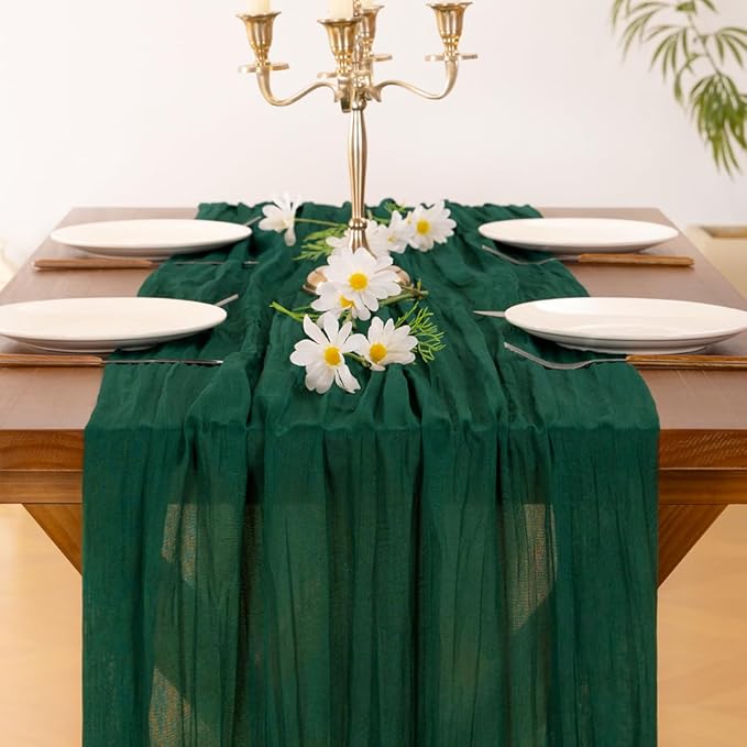 Socomi 6pcs Emerald Green Cheesecloth Table Runner Valentine's Day Boho Rustic Gauze 120 inch 10FT Cheese Cloth Runner for Wedding Party Baby Shower Birthday Home Decor Holiday Decorations