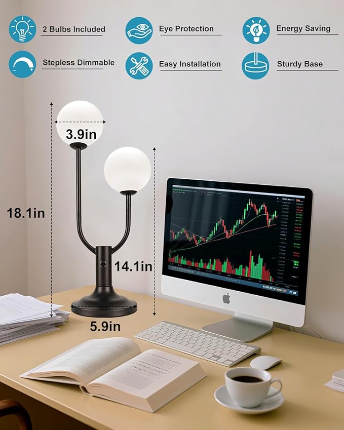 Lightdot Globe Table Lamp for Bedroom Mid Century Modern Black Small Desk Lamp Dimmable 3000K Warmwhite Nightstands Lamp Bedside Table Lamp for Living Room Home Office(G9 Bulbs Included)
