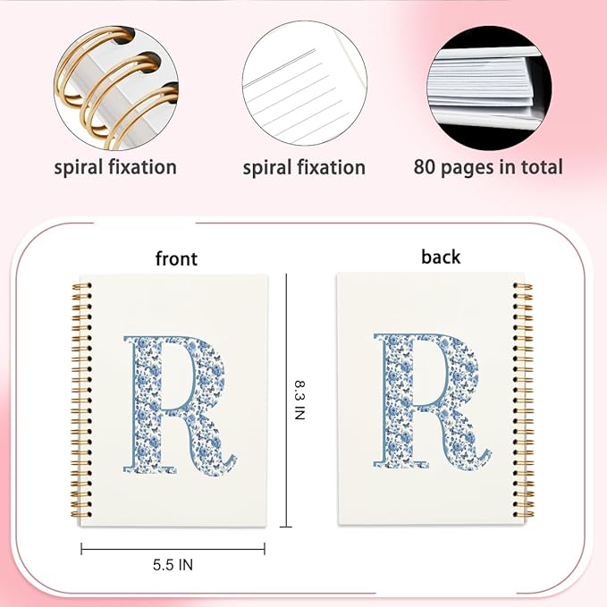 Blue Cute Initial Notebook Journal Diary Libretas Escolares R, Preppy Cute Aesthetic Personalized Notebook Gifts for Women Teen Girls Kids,Preppy Blue Aesthetic School Supplies for Girls 5.5x8.3