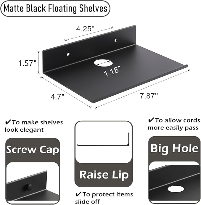 Small Metal Shelves for Wall, Self-Adhesive Floating Corner Shelves with Cable Clip, Wall Mounted, Renter Friendly Display Shelf for Smart Speaker Cameras Monitor Routers, Matt Black, Metal, 8 inch