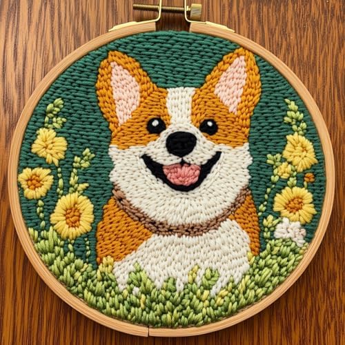 DIY Punch Needle Kits Cute Cartoon Corgi Dog with Hoop 20x20cm-3 by Unknown
