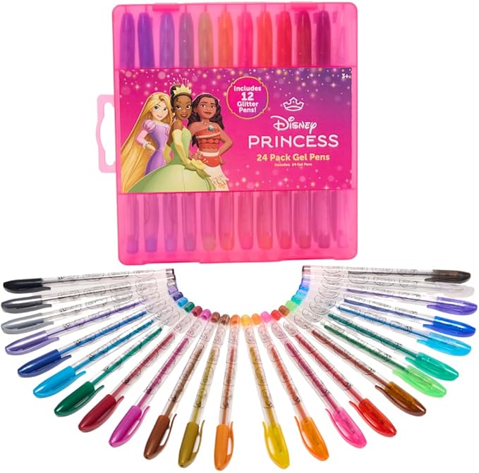 Disney Princess Gel Pens Set for Kids, 24 Pack with Glitter Gel Pens, Cute Pens for Girls – Cinderella, Rapunzel, Ariel, and Tiana