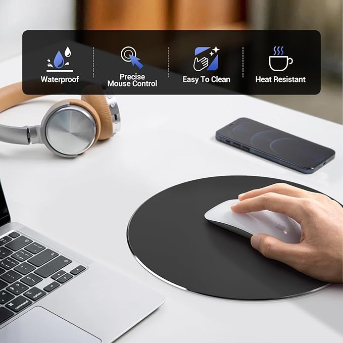 HONKID Metal Aluminum Mouse Pad, Thin Hard Mousepad, Double Sided Waterproof Fast and Accurate Control Mousepad for Laptop, Computer and PC, Office, Round Black
