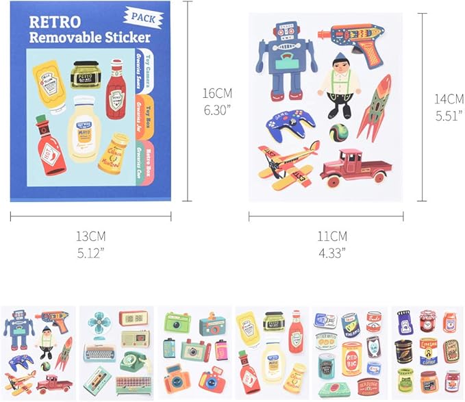 Monolike Removable Retro Sticker Set- 6 Illustration Design Sticker