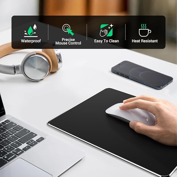HONKID Hard Metal Mouse Pad for Desk, Aluminum Solid Mouse Pad for Magic Mouse and Pro/Air with Stable Rubber Base, Firm Mousepad for Travel and Home Office (Black)