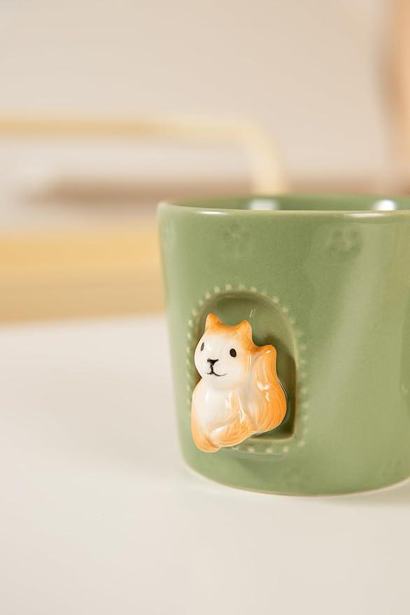 DIHOclub Squirrel Ceramic Cup Window Animals Mug Cute Cartoon Handmade Figurine Mugs,Holiday and Birthday Gift for Daughter,Son,Kids,9 OZ (Green)