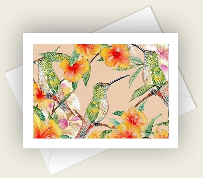 Watercolor Hummingbird Greeting Cards, 5x7 Blank Note Cards with Envelopes, Set of 10, Floral All Occasion Cards
