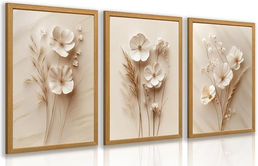 HLXRAE Minimalist Beige Floral Canvas Wall Art, Neutral Farmhouse Wall Decor, Wood Framed Vintage Botanical Poster Prints, Modern Flower Aesthetic Pictures for Bathroom Living Room Bedroom 16"x24"x3