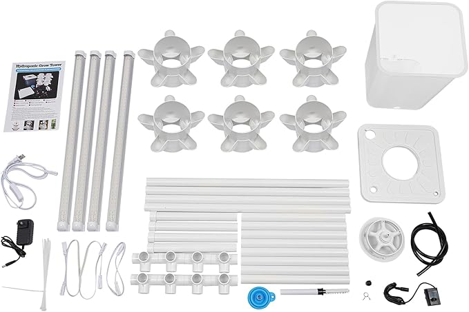 Hydroponic Tower Growing System Kits with LED Grow Lights 30 Pods Indoor Vertical Planter Germination Kit 6 Layers Hydroponic Tower for Fruits, Vegetables, Herbs, and Miniature Greens (White)