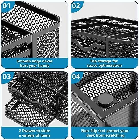 Marbrasse Mesh Desk Organizer, Pen Organizer with 2 Drawer, Multi-Functional Pencil Holder, Desk Organizers and Accessories with 5 Compartments + Drawer for Office Art Supplies (Black) - Image 6