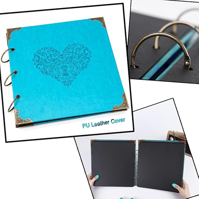 Photo Album DIY Scrapbook, 10x10 inch 50 Pages Vintage Leather Cover Three-Ring Binder Picture Booth Albums + 9 Colors 408pcs Self Adhesive Photos Corners for Personalized Memory Keep (Cyan)