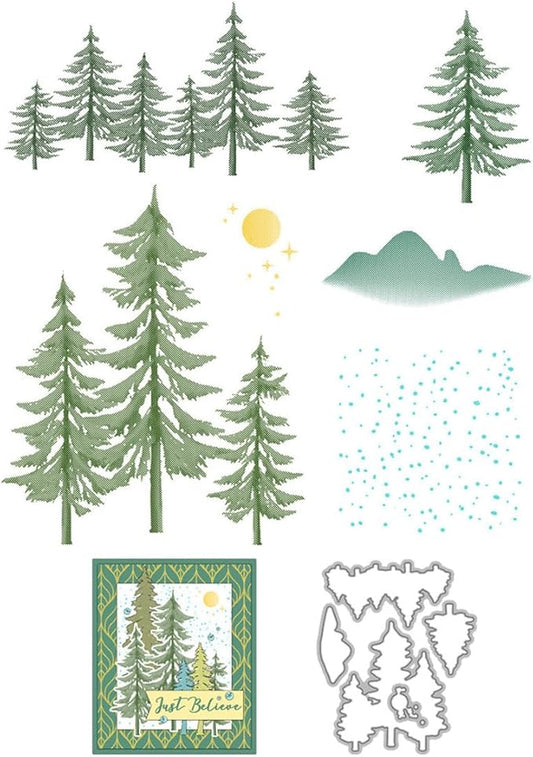 Snow Christmas Tree Stamps and Cutting Dies for Card Making DIY Transparent Silicone Clear Stamp and Metal Die Cuts Sets for Scrapbooking Paper Greeting Cards Decor Seals Craft Supplies