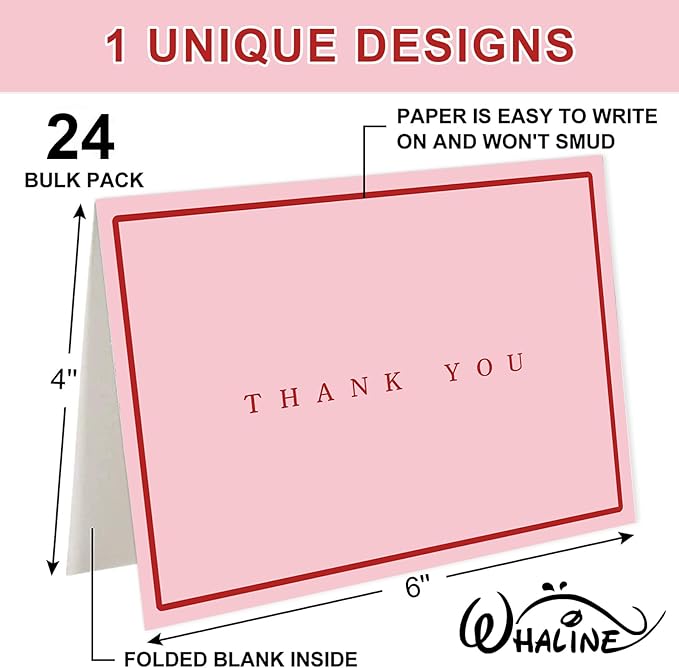 Whaline 24 Pack Red and Pink Thank You Cards Greeting Cards Blank Note Card with Envelopes Stickers for Valentine's Day Wedding Bridal Baby Shower Birthday, 4 x 6 Inch