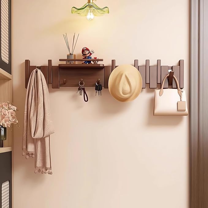 Wall Mounted Piano Key Hanger | Flip Style Hook | Entrance Wall Art Hook, Made of Oak Wood (3 Times Painted, 4 Times Polished) (Fence Beech, 10Hooks)