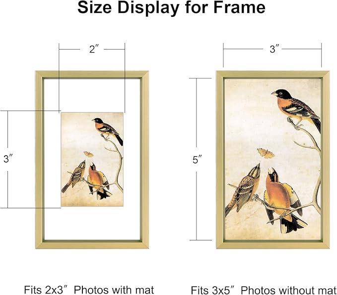 3x5 Picture Frame Set of 3, Brass Aluminum Metal Photo Frames with HD Glass, Fits 2x3 with Mat or 3 x 5 without Mat, Display for Wall and Table