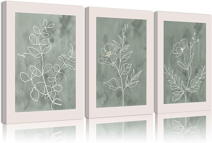 3Pcs Sage Green Botanical Wall Art Line Drawing Floral Canvas Poster Prints Modern Abstract Minimalist Picture Neutral Boho Artwork Simple Painting Wall Decor for Living Room Bedroom 12x16in Framed