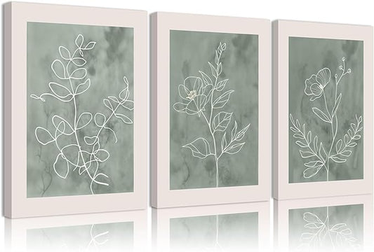 3Pcs Sage Green Botanical Wall Art Line Drawing Floral Canvas Poster Prints Modern Abstract Minimalist Picture Neutral Boho Artwork Simple Painting Wall Decor for Living Room Bedroom 12x16in Framed