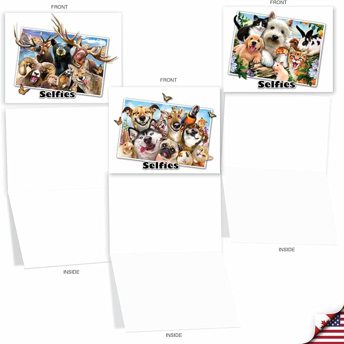 The Best Card Company - 10 Blank Animal Cards Boxed (4 x 5.12 Inch) - Assorted Pets, Zoo, Wildlife Cards for Kids - Note to Selfie M6642OCB