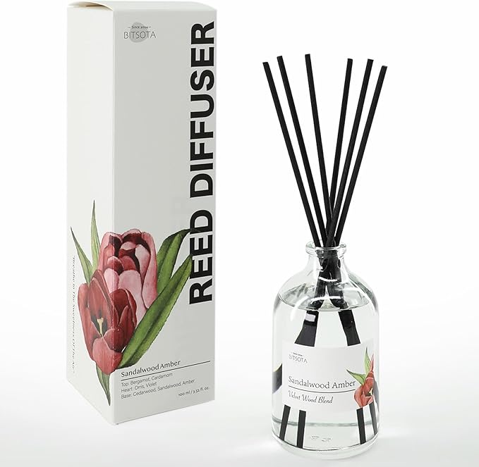Reed Diffuser Set, Aroma Scented Diffuser with Sticks Home Fragrance Reed Diffuser for Bathroom Shelf Decor, Ideal Gift for Woman (3.52 oz (100ml), Sandalwood Amber)