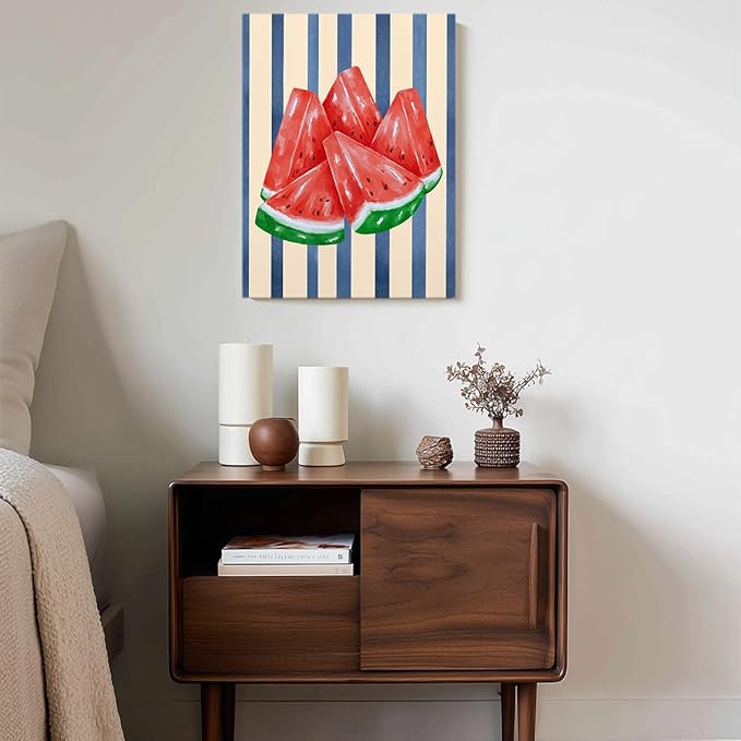 Watermelon Watercolor Wall Art – Fresh Summer Fruit Canvas Print – Blue Stripe Kitchen Decor – Watermelon Slice Illustration Poster 24x32inch-Framed