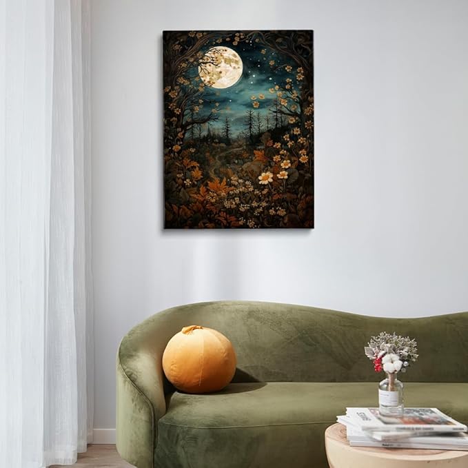 Vintage Moon Posters Painting Art, William Morris Full Moon Above Woodland Print - Morris Exhibition Print,Botanical Art Wall Decor for Bedroom Kitchen Living Room Office 24x36in Large Frame Wall Art