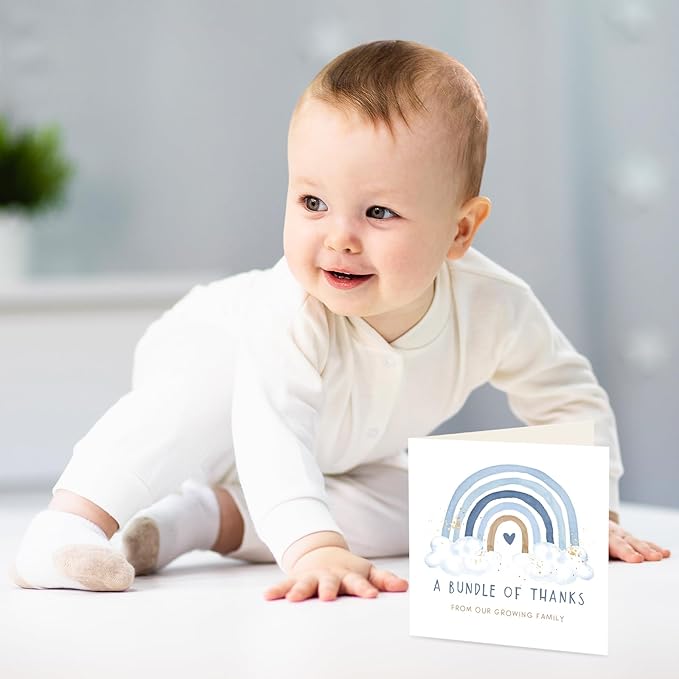 Whaline 50 Pack Blue Rainbow Thank You Cards Boxed 5 x 5 Inch A Bundle of Thanks From Our Growing Family Note Cards with Envelope Sticker Greeting Blank Card for Birthday Baby Shower