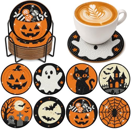8 Pcs Halloween Diamond Art Coasters with Holder Ghost Pumpkin Craft Kit by Demonwer
